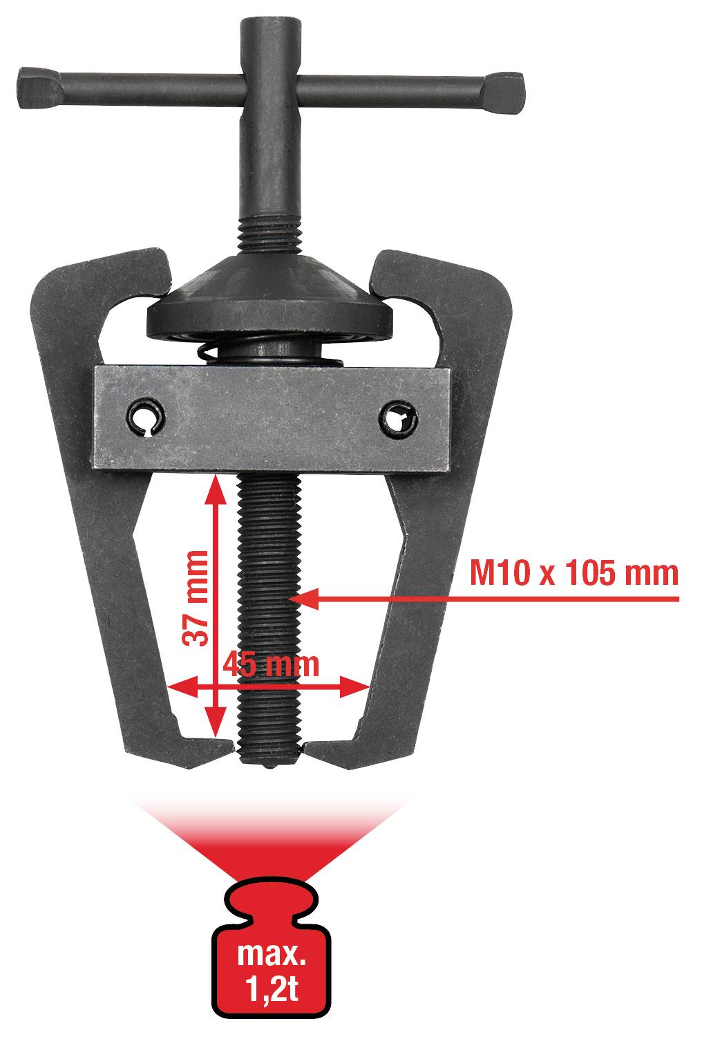 Zweiarmiger Abzieher mit Abmessungen 37 mm und 45 mm. Schraube M10 x 105 mm, maximale Belastung 1,2 Tonnen.
