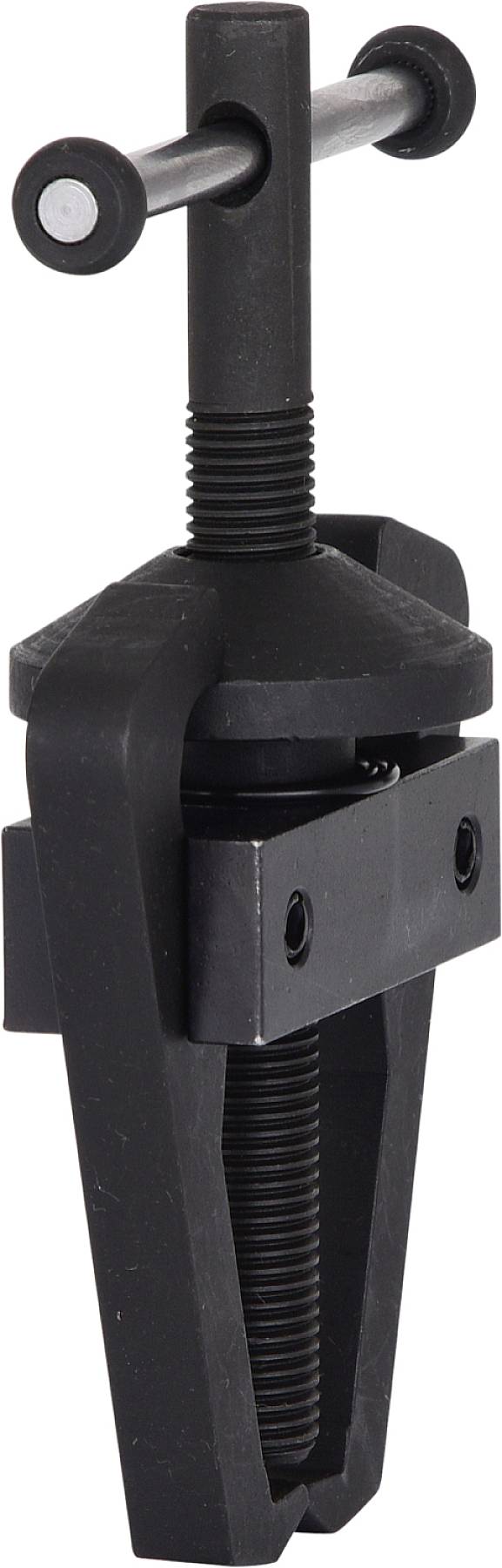 Eine schwarze Spannvorrichtung oder Schraubzwinge mit einem Drehgriff zur Befestigung oder Spannung von Bauteilen.