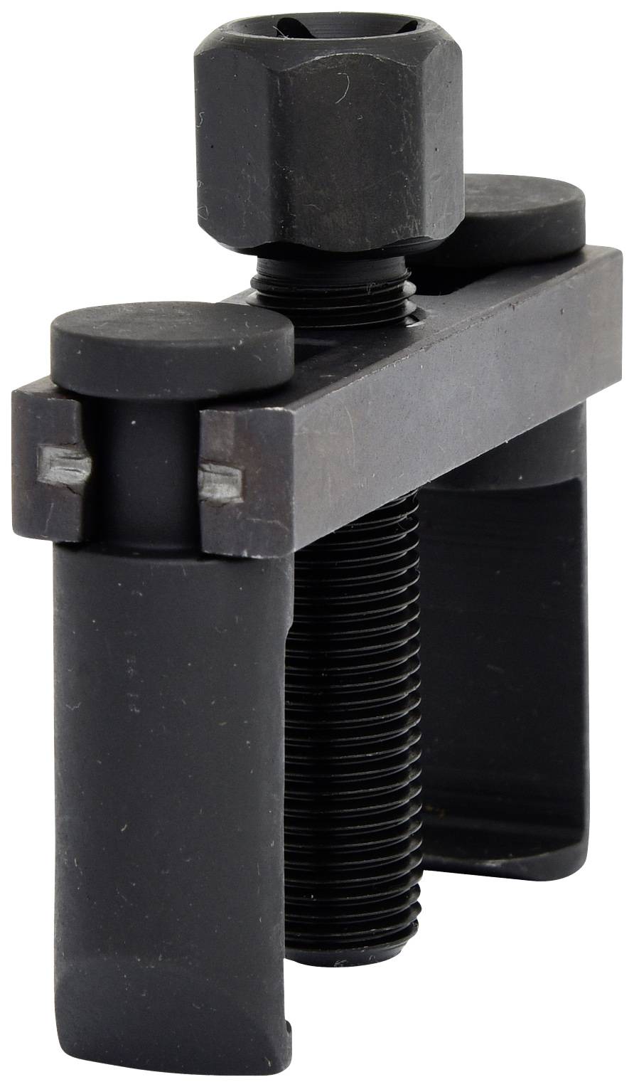 Ein schwarzer Abzieher mit zwei Metallarmen und einer Schraube in der Mitte, der zum Entfernen von fest sitzenden Teilen verwendet wird.