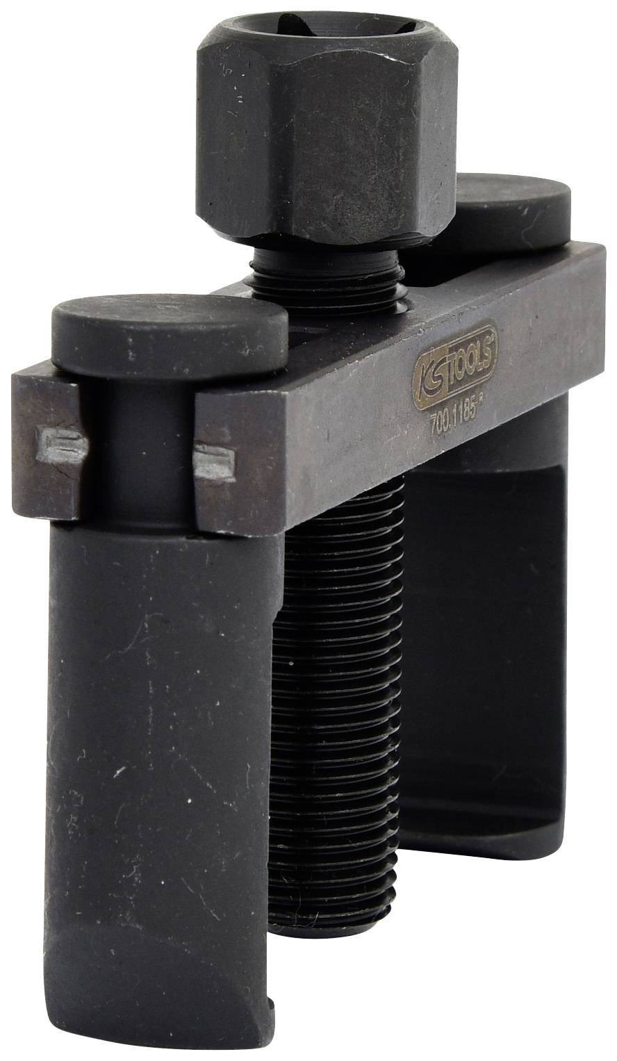 Ein Metallabzieher mit zwei Armen und einer zentralen Schraube zum Entfernen von Kugellagern oder Zahnrädern in Maschinenwartung.