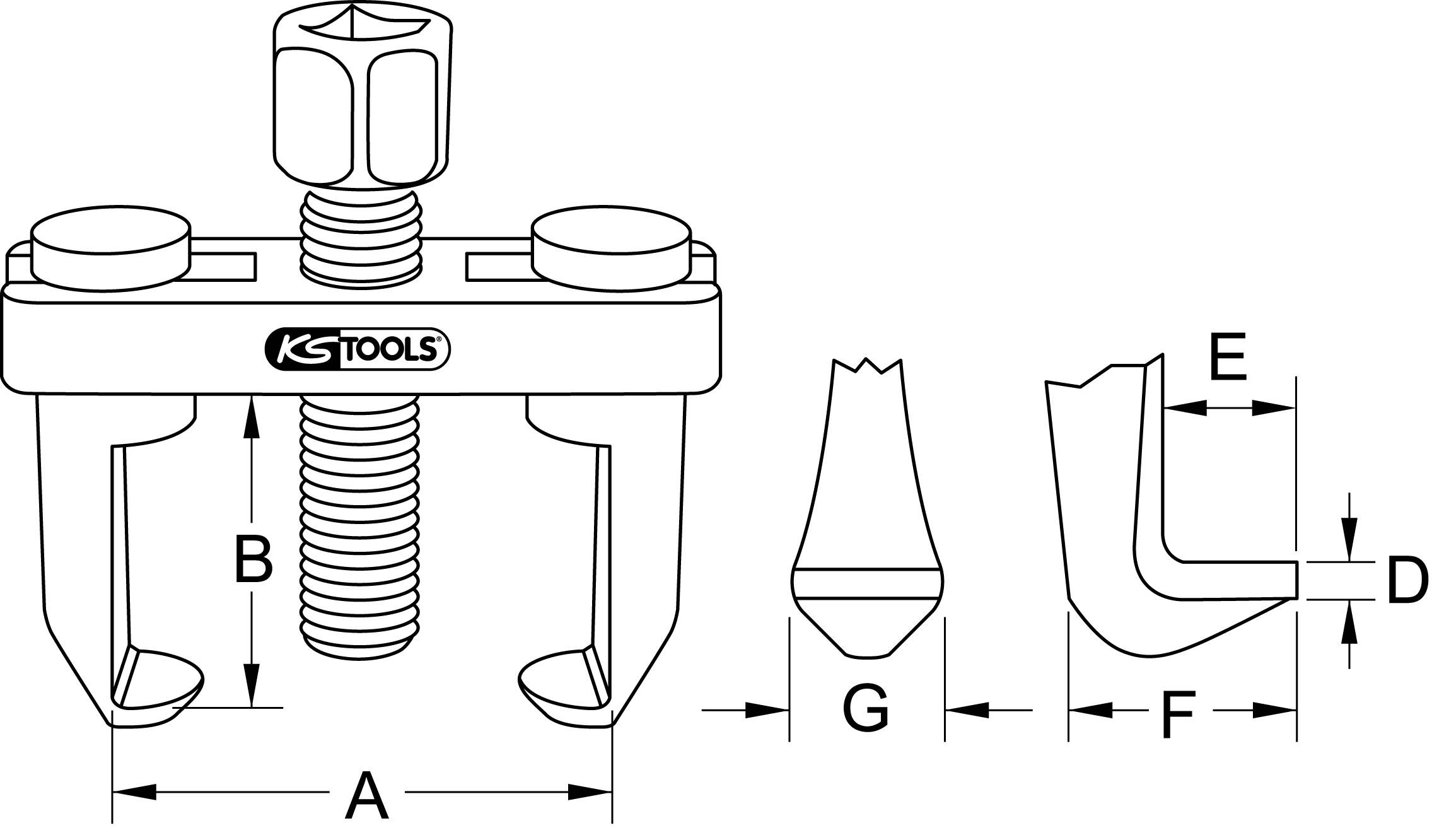 Zeichnung eines Abziehers von KS Tools mit Maßangaben A, B, D, E, F, G für präzise Anwendung.