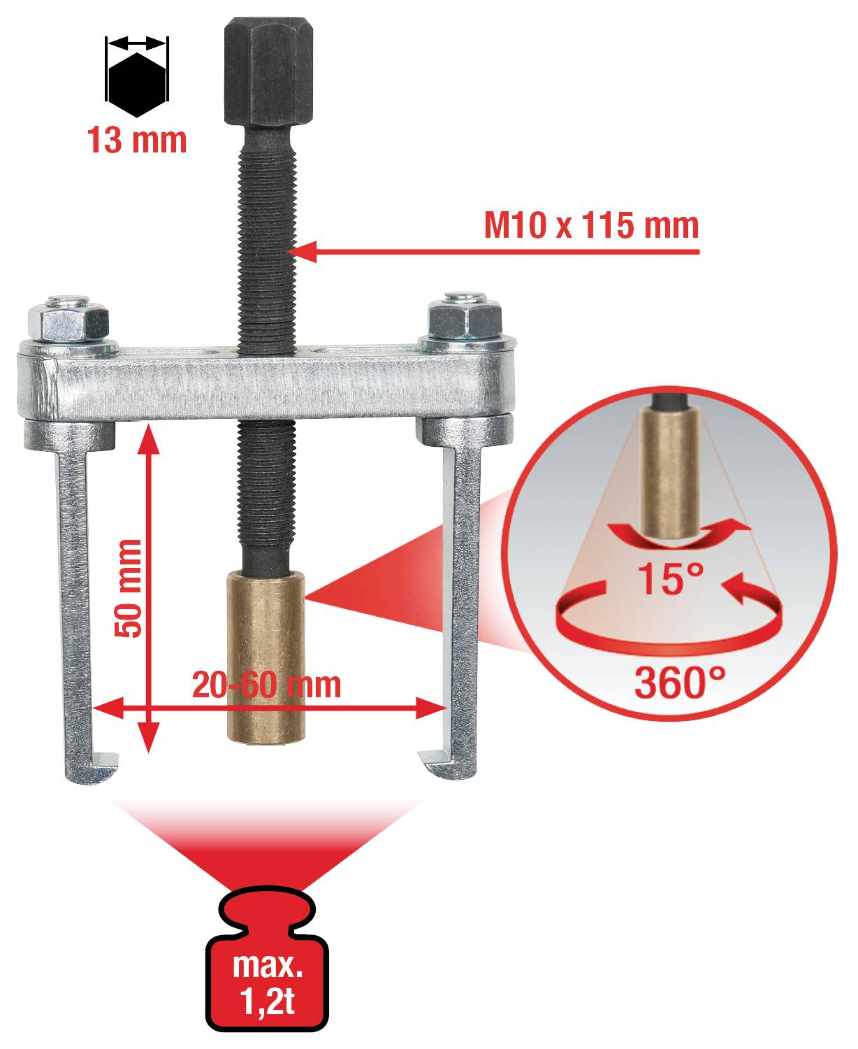Werkzeug zur Lagerabzieher-Demonstration: Maximal 1,2 Tonnen, Maße 20-60 mm Breite, 50 mm Höhe, M10 x 115 mm Schraube, 15° Neigung, 360° drehbar.