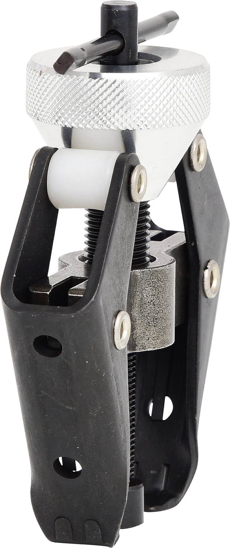 Ein schwarz-silbernes Uhrmacherwerkzeug zum Entfernen von Uhrenarmbandstiften, mit einstellbarem Hebelmechanismus und Metallgriff.