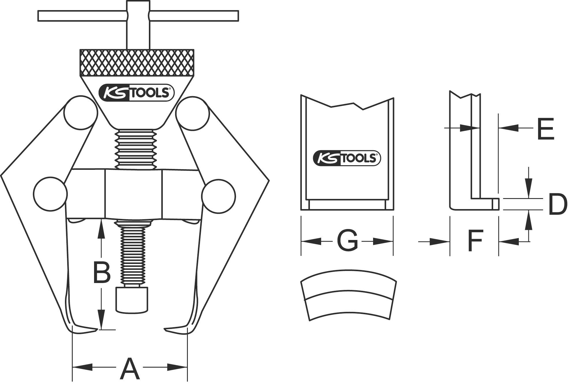Abzieher-Schema mit Maßen A, B, G, E, D, F. KS Tools-Logo oben links. Zeigt Komponenten eines Werkzeugs zur Entfernung von Teilen.