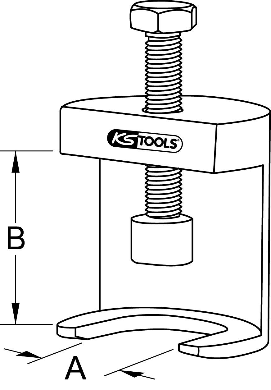 Eine Schraubzwinge mit einem beweglichen Bolzen, beschriftet mit 'KS Tools'. Maße A und B sind mit Pfeilen gekennzeichnet.