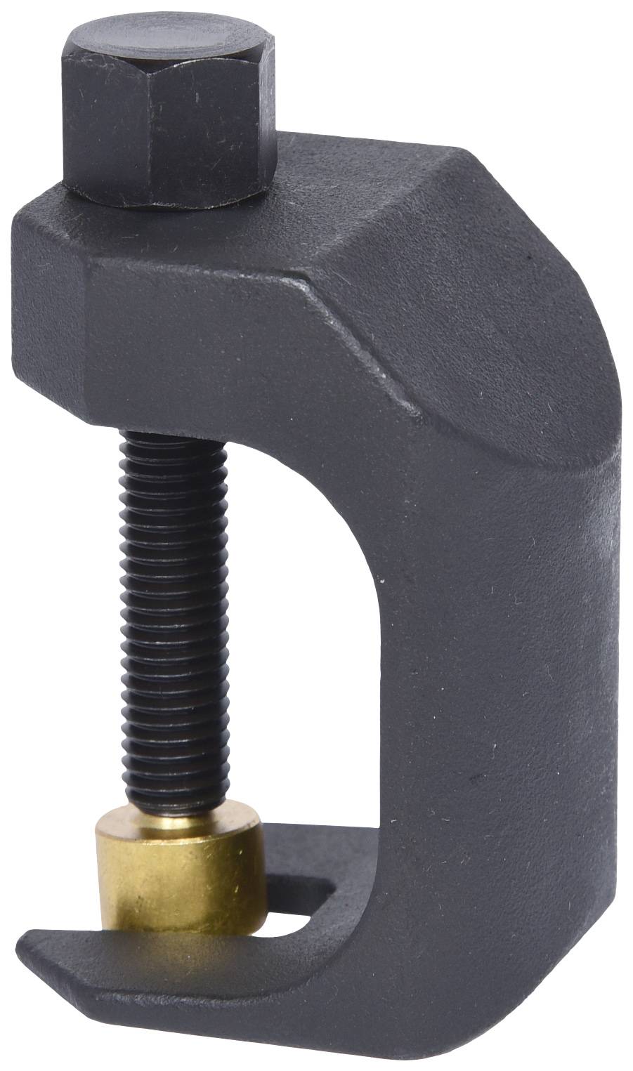 Ein schwarzer C-förmiger Schraubzwinger mit goldener Schraube, häufig verwendet zum Fixieren von Materialien in der Holzbearbeitung oder Metallverarbeitung.