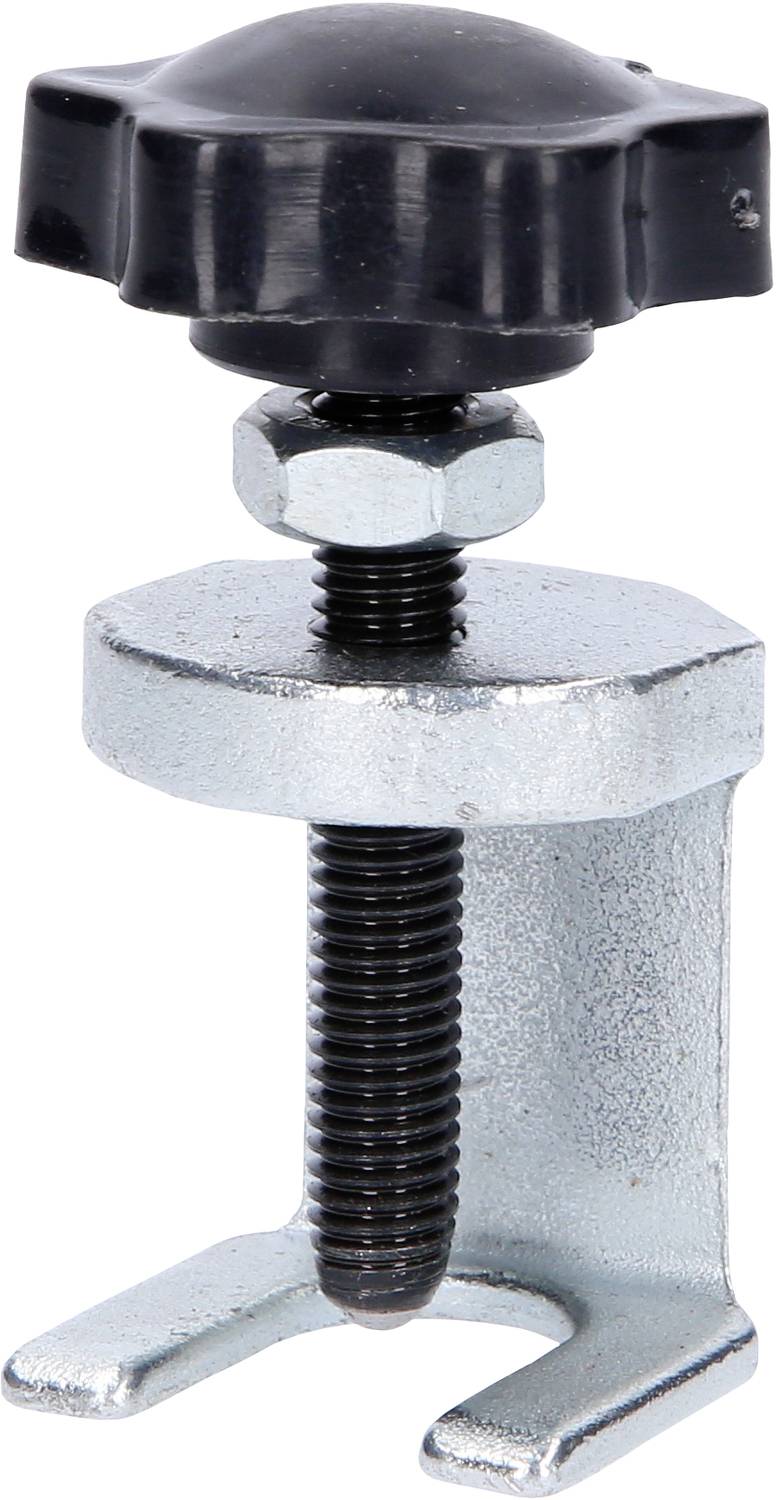 Ein schwarzer Drehknopf befestigt auf einer silbernen Metallklammer mit einer Schraube. Verwendet zum Fixieren oder Klemmen.