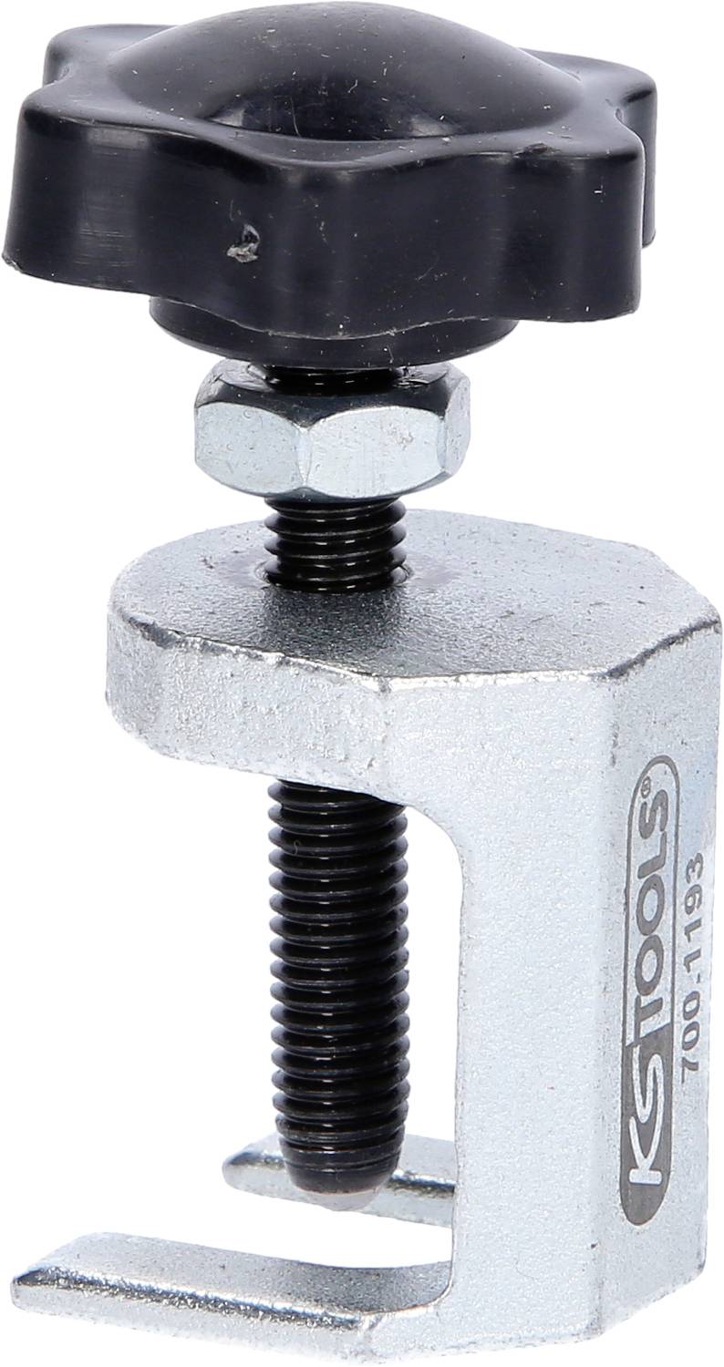 Eine silberne Schraubzwinge mit schwarzem Drehgriff. Die Aufschrift zeigt 'KS TOOLS'. Geeignet zum sicheren Fixieren von Werkstücken.