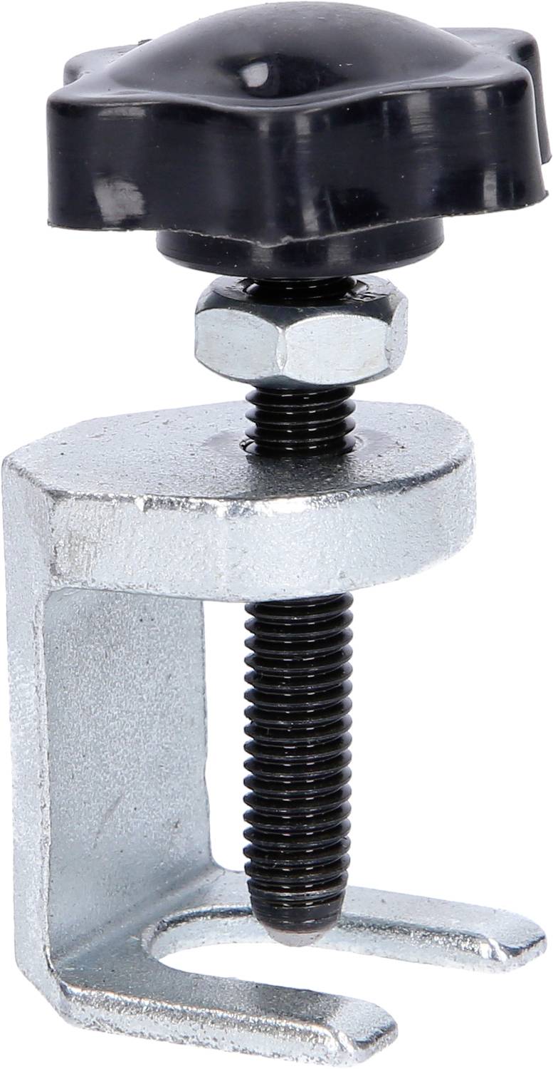 Metallklemme mit schwarzem Drehknopf oben und Gewindeschraube. Genutzt zum Befestigen von Materialien.
