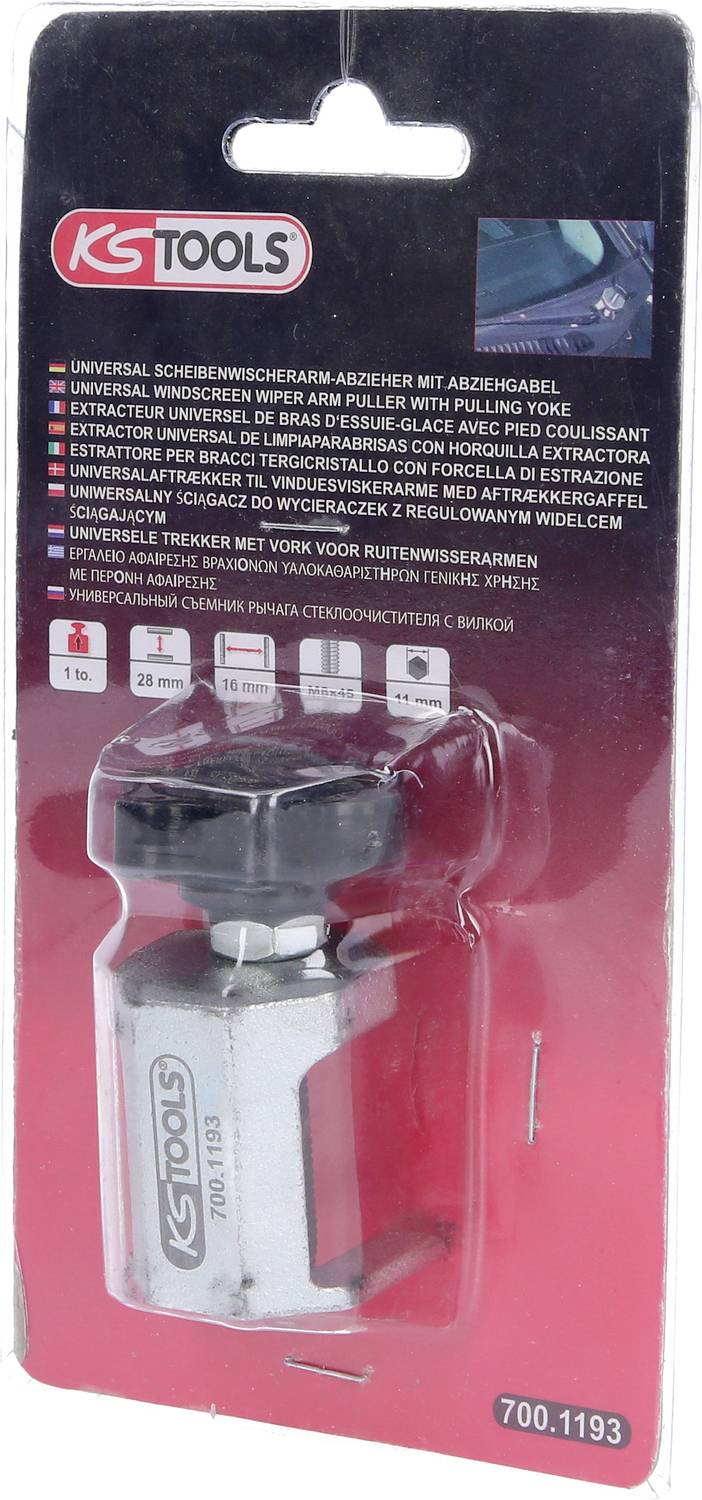 Verpackung von KS Tools Universal-Wischerarm-Abzieher mit abziehbarem Griff, zeigt das Werkzeug im Blister samt Produktdetails.