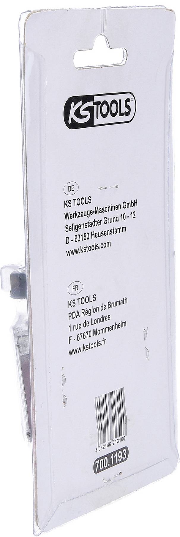Rückseite einer KS Tools Verpackung mit Firmenadresse, Telefonnummer und Website in Deutsch und Französisch.