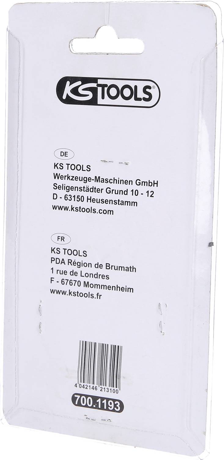 Rückseite einer Werkzeugverpackung von KS Tools mit Unternehmensadresse in Deutschland und Frankreich.