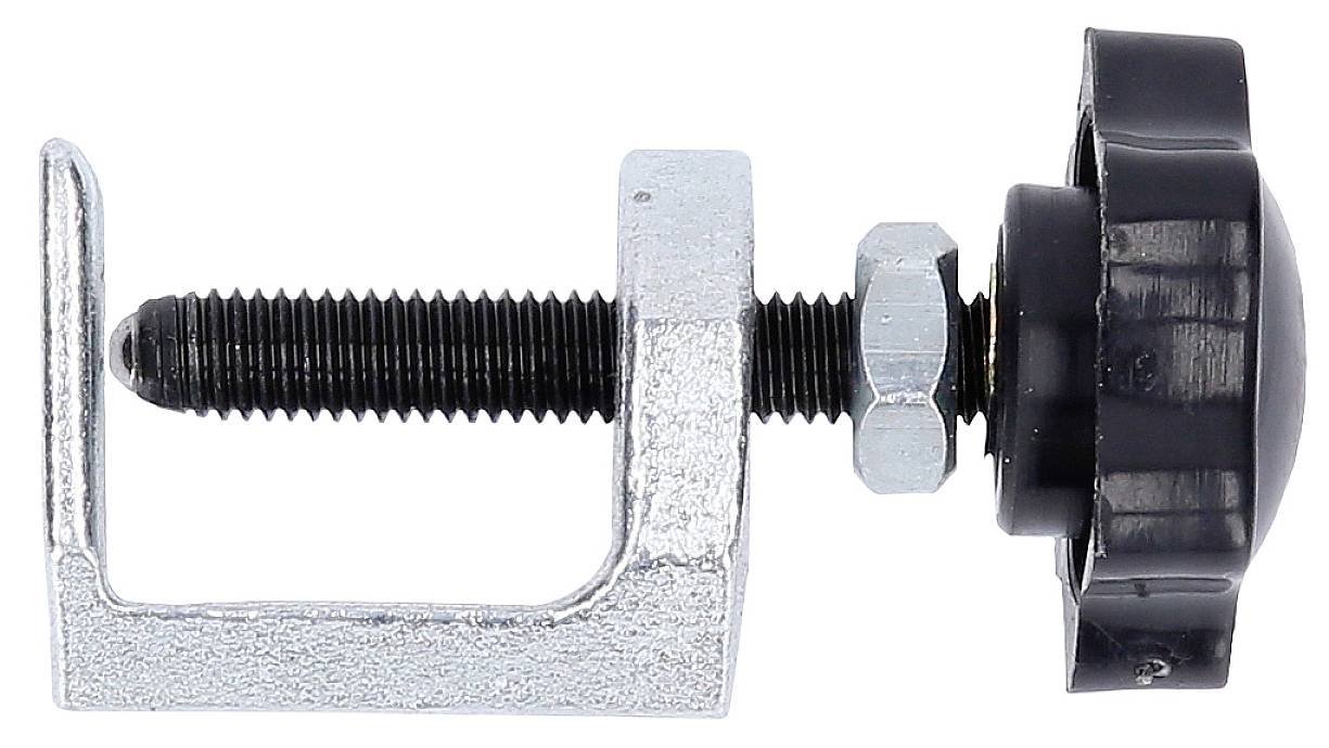 Metallverstellschraube mit schwarzem Kunststoffknopf und Gewinde, seitlich gesehen. Eignet sich zur Befestigung oder Justierung.