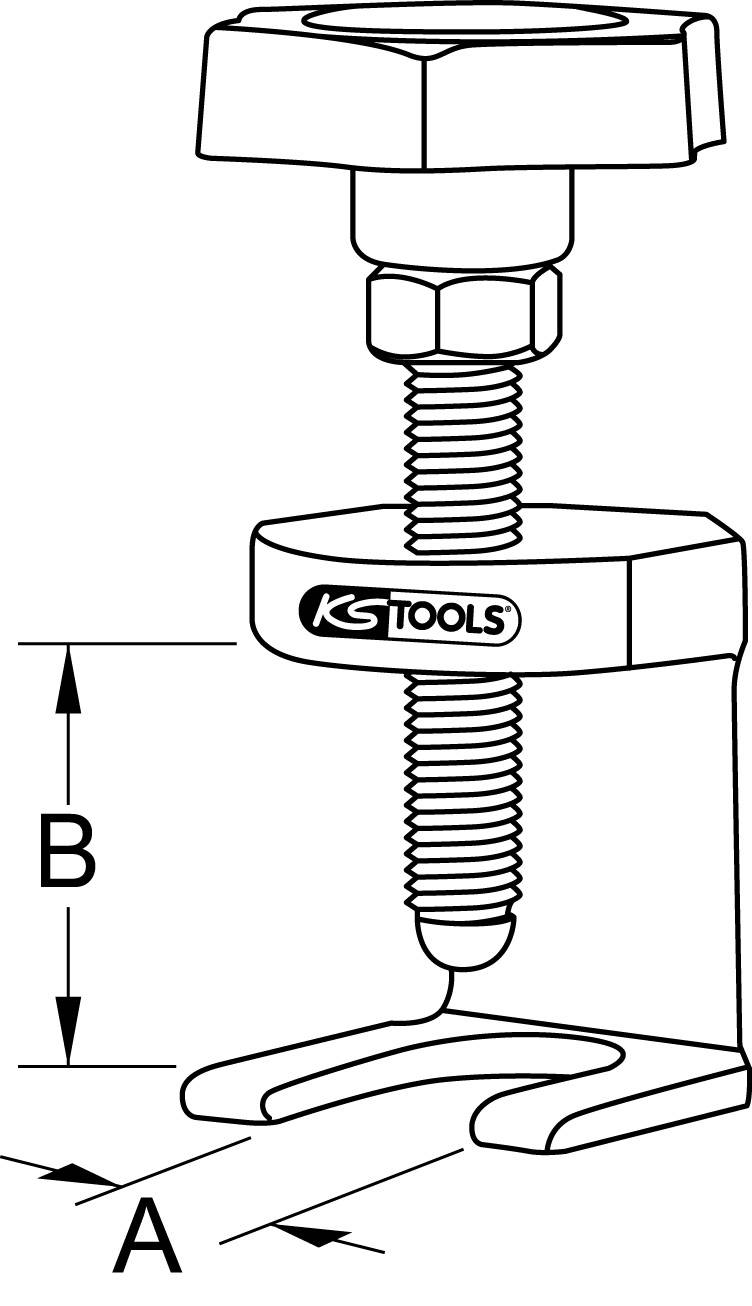 Illustration eines Abziehers von KS Tools, zeigt Maße A und B. Der Abzieher hat eine Schraubverbindung und eine Gabelbasis.