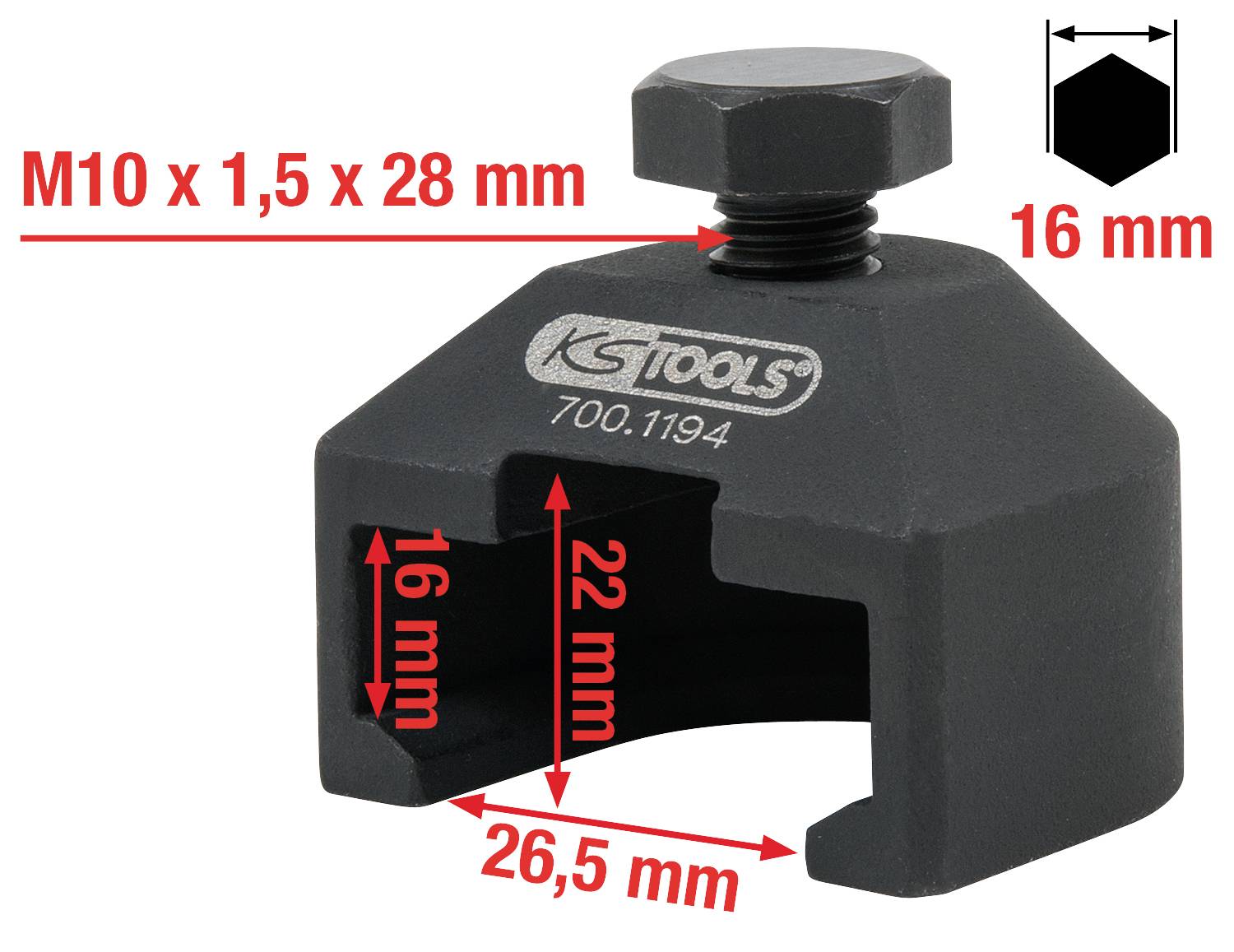 'KS Tools' Abzieher-Foto: Grauer, metallischer Abzieher mit Maßen; M10 Schraube, 26,5 mm Breite, 22 mm Öffnung, 16 mm Höhe.