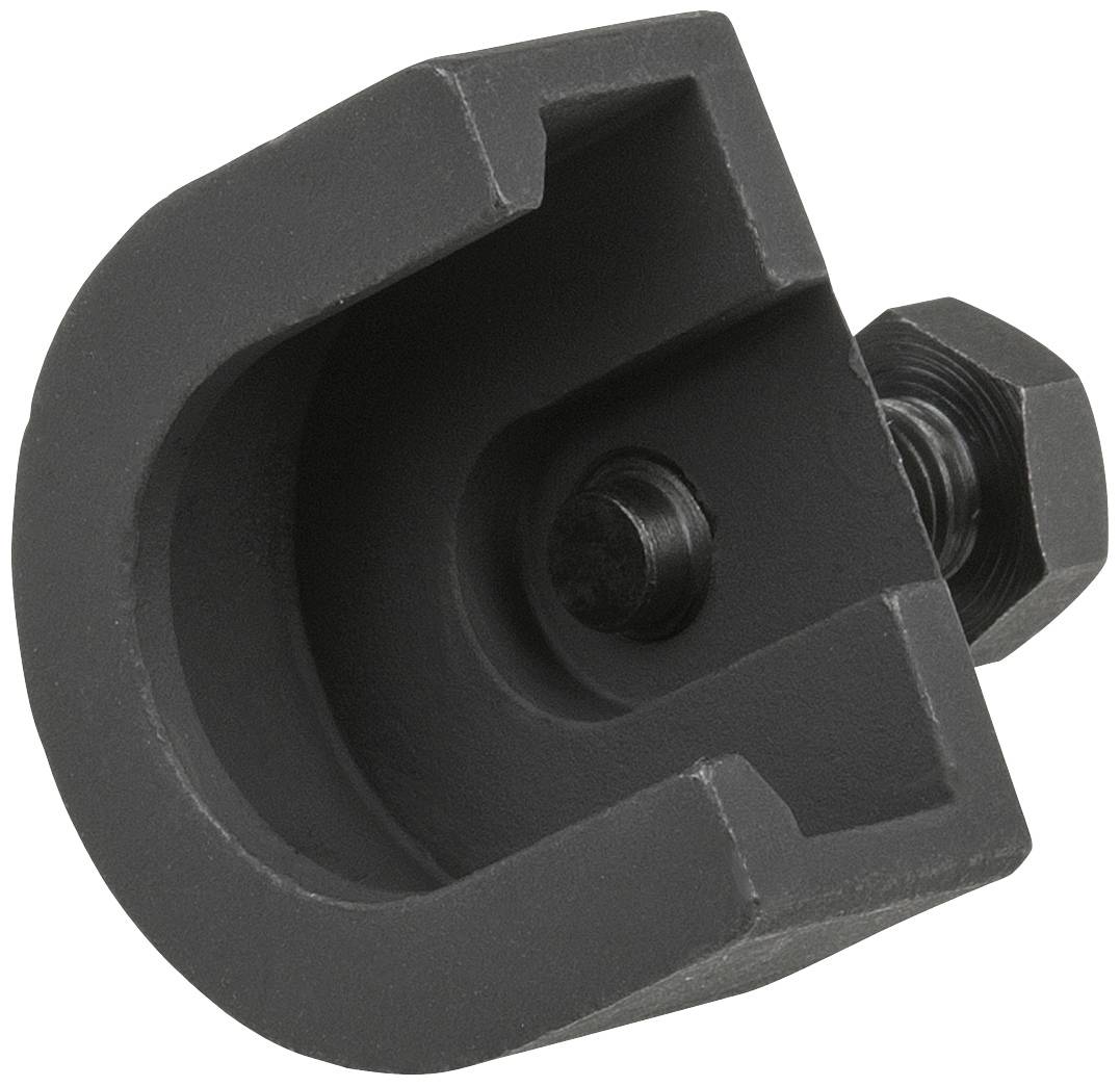 Ein schwarzes Metallwerkzeug mit U-förmiger Öffnung und einer Schraube in der Mitte, wahrscheinlich für mechanische Befestigungen.