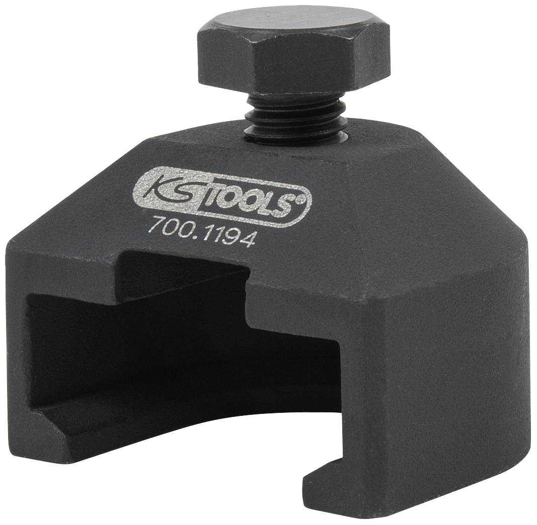 Schwarzes Werkzeug von KS Tools mit der Aufschrift '700.1194', besteht aus einem kantigen Körper mit zentralem Schraubmechanismus oben.