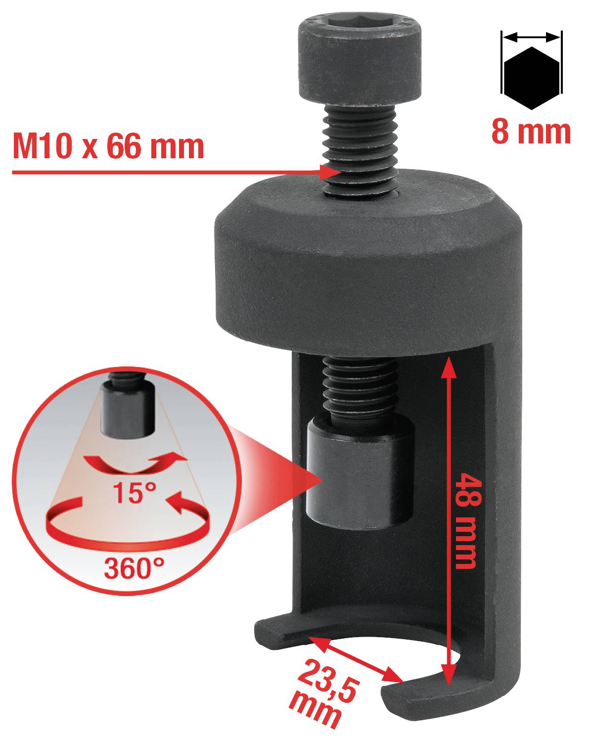 Höhenverstellbarer Fuß: M10 x 66 mm, 8 mm Sockelhöhe. Verstellbereich: 48 mm. Fußdurchmesser: 23,5 mm. Neigungswinkel: 15°, 360° drehbar.