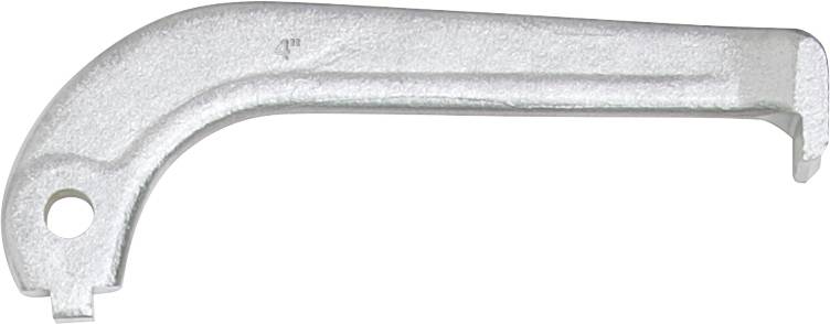 Metallschlüssel mit gebogenem Ende und Loch, möglicherweise für spezielle mechanische Anwendungen oder zur Anpassung von Werkzeugen.