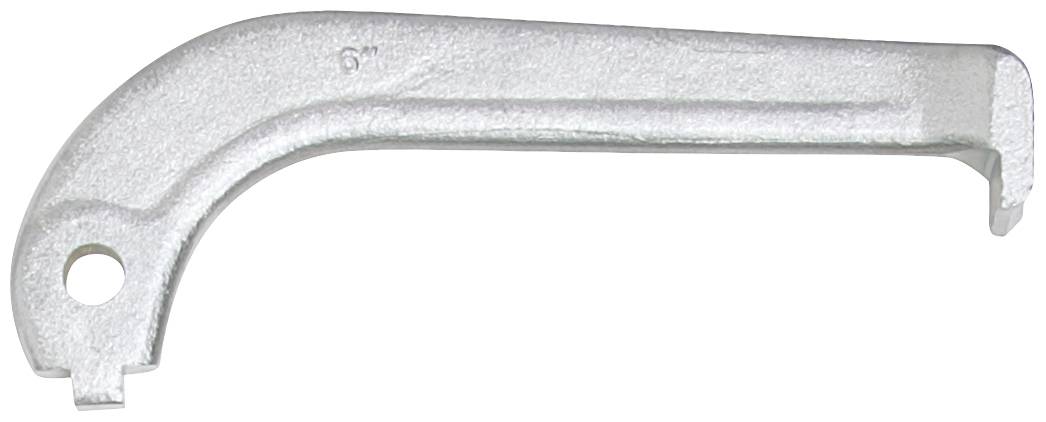 Ein silberner Hakenschlüssel aus Metall zur Einstellung von Schraubverbindungen mit einem Loch für einfache Handhabung.