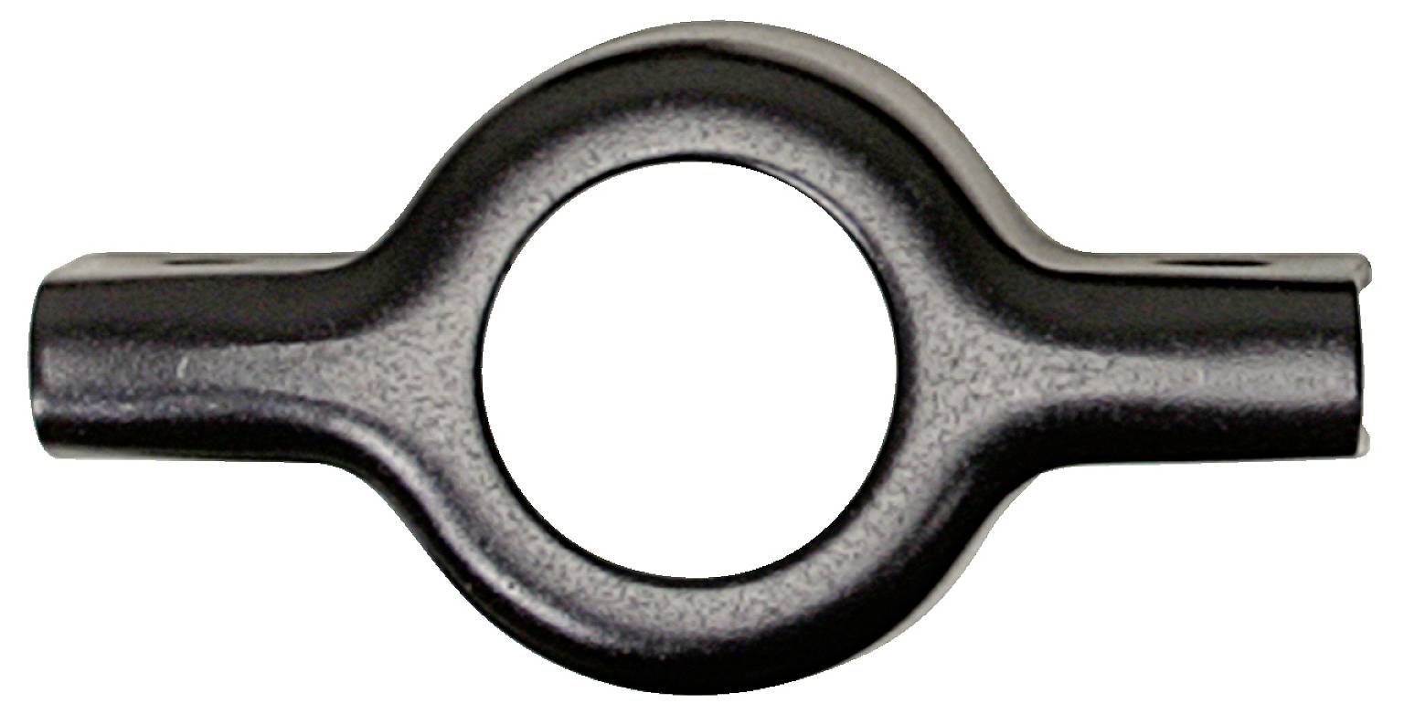 Schwarzes Rohr-Schellelement aus Metall, kreisförmige Mitte mit zwei sich erstreckenden Armen.