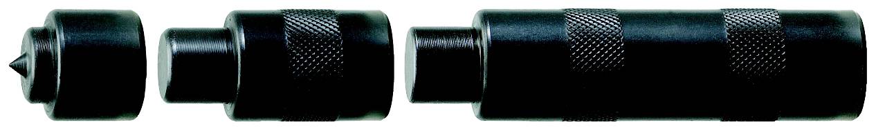 Ein schwarzes Werkzeug mit metallischen Teilen, bestehend aus einem kegelförmigen, einem zylindrischen und einem geriffelten Abschnitt.