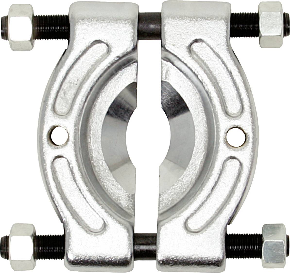 Metallischer Lagerteiler mit Schraubbefestigungen auf beiden Seiten, Silber und Schwarz, symmetrisch angeordnet.