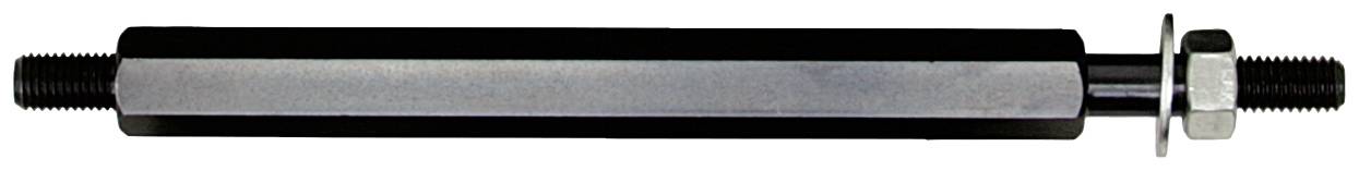 Zylinderförmige Maschinenwelle mit schwarzer Umrandung und zwei Gewindebolzen an den Enden, eine Mutter an einem Ende.