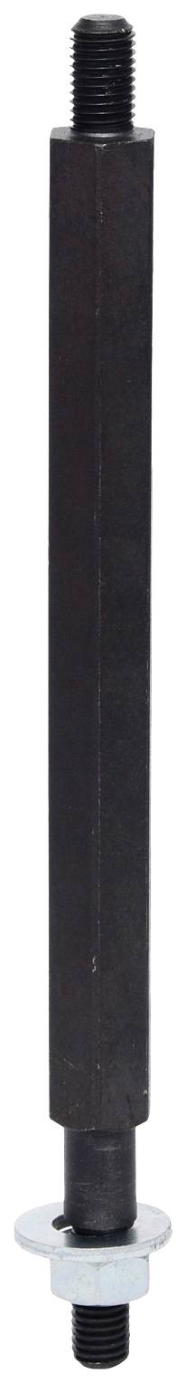 Ein langer, dunkler Metallstab mit Gewinden an beiden Enden und einer Metallscheibe in der Mitte, vermutlich ein Schraubenspannwerkzeug.