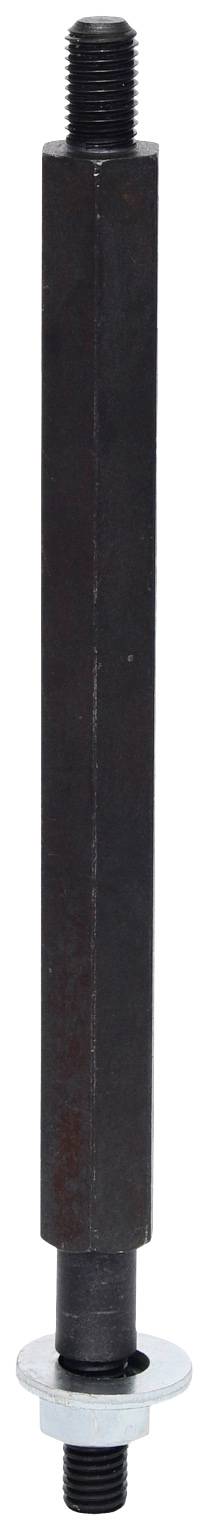 Lange, sechskantige Metallstange mit Gewindeenden und einer runden Scheibe in der Mitte.