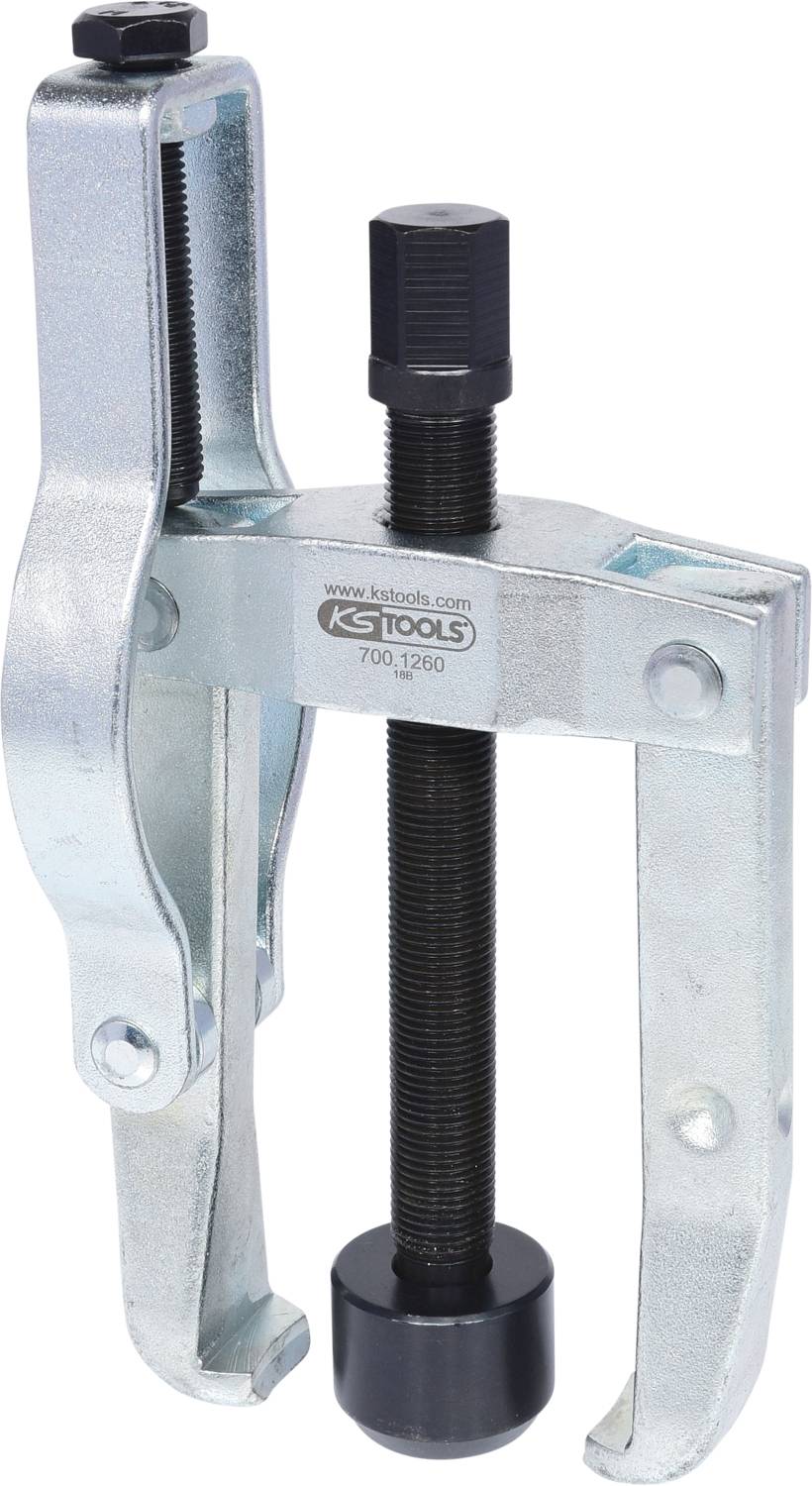 Zweiarmiger Abzieher mit verstellbaren Schenkeln und Spindel. Metallisch glänzend, geeignet zum Entfernen festsitzender Teile.