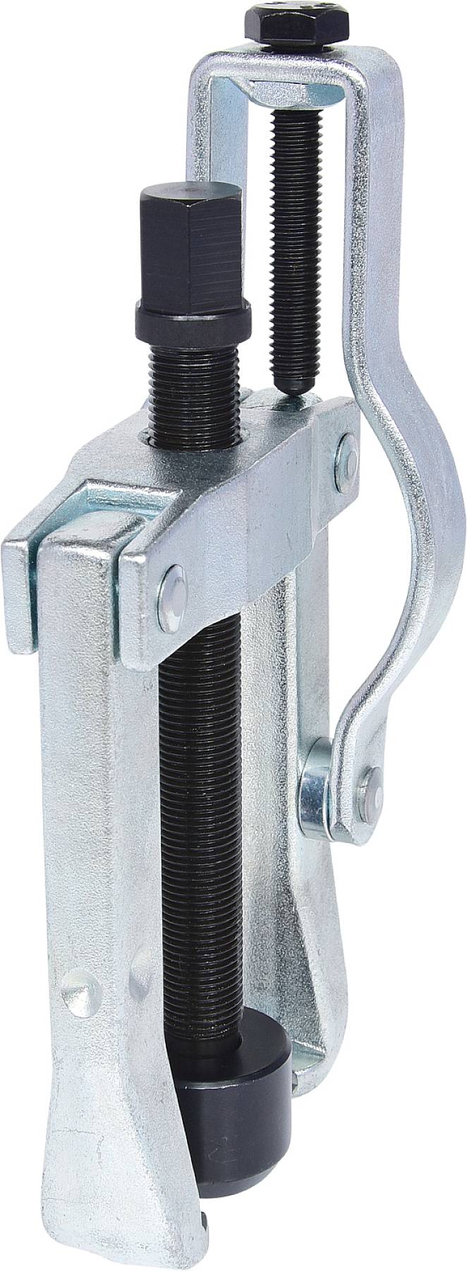 Ein Metallabzieher-Werkzeug mit zwei Spannarmen und einer zentralen Schraube, verwendet zum Entfernen von eng sitzenden Teilen.