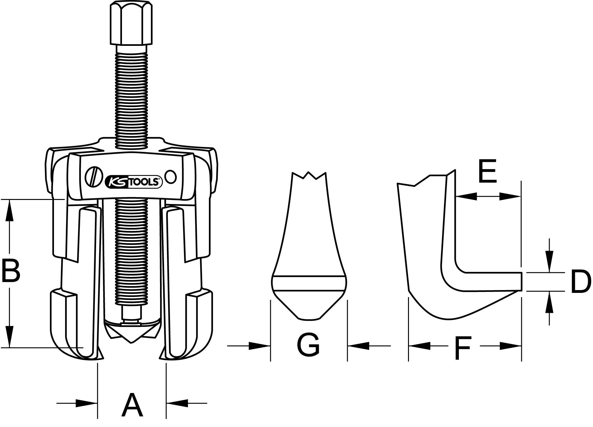 Mechanische Abbildung eines Abziehers mit Maßangaben: A bis G kennzeichnen verschiedene Längen und Abstände für technische Spezifikationen.
