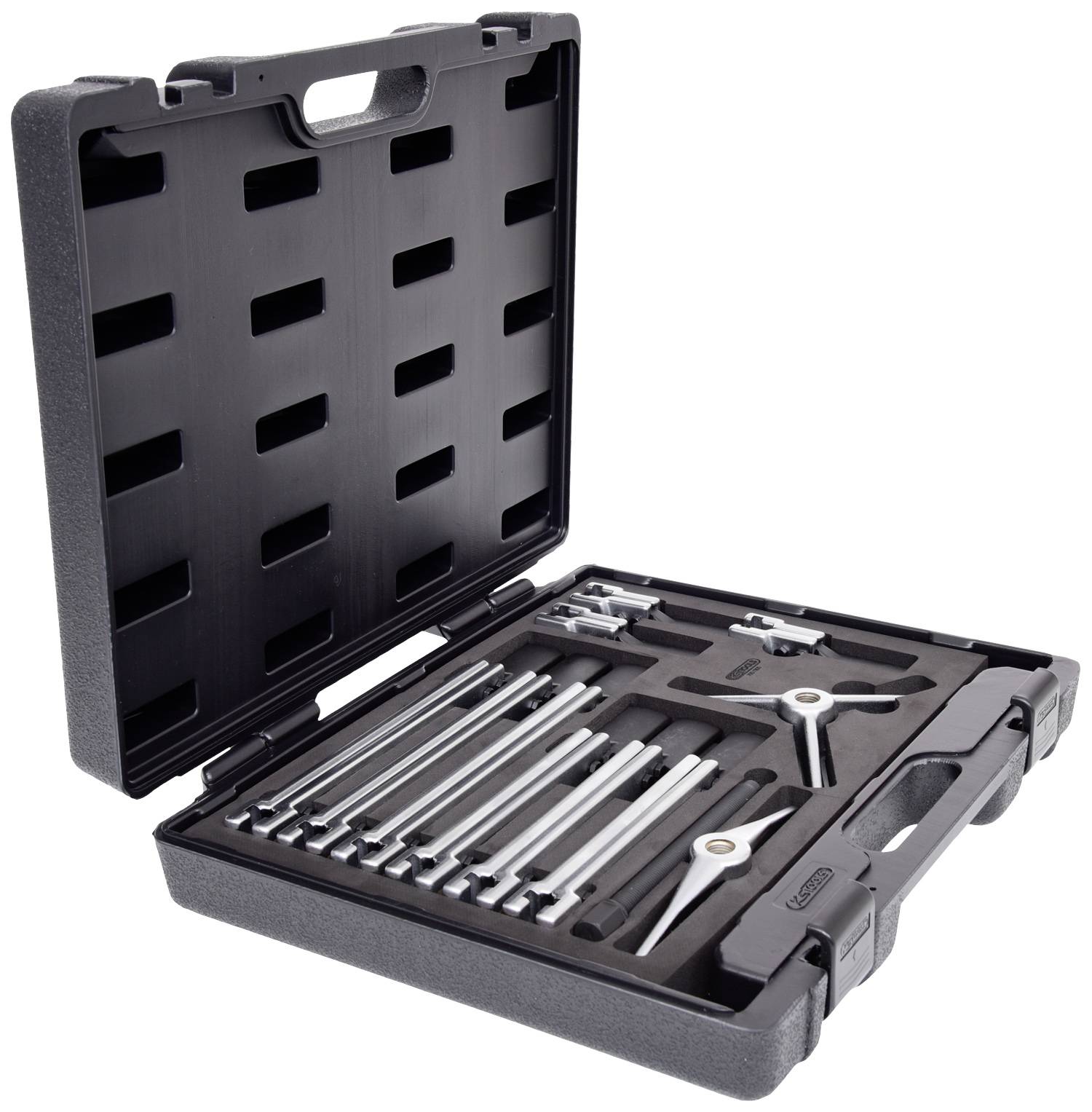 Ein offener Werkzeugkoffer mit einem Set von Messwerkzeugen und Stäben, sauber angeordnet in einem Schaumstoff-Inlay.