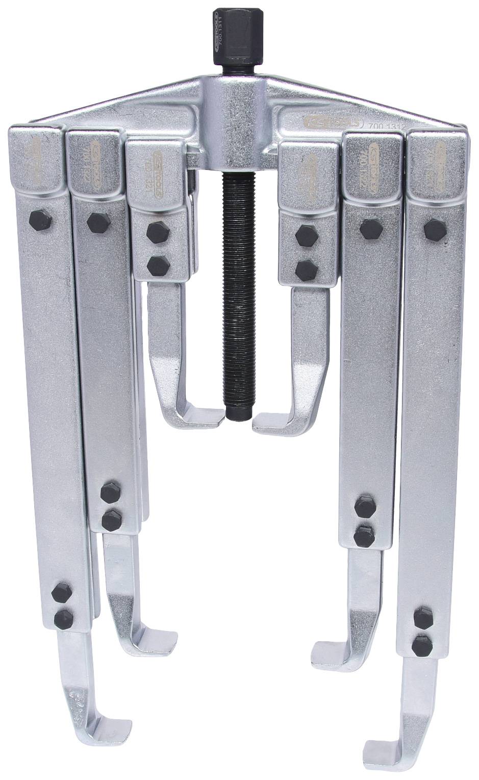 Ein dreibeiniger Abzieher aus Metall mit Greifklauen und Schraube oben. Wird zum Entfernen von Lagern oder Zahnrädern verwendet.