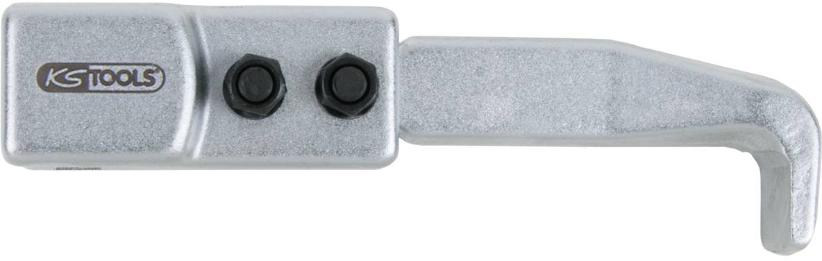 Ein silbernes Metallwerkzeug mit zwei Schrauben und einem kurzen, gebogenen Ende, verwendet für spezielle technische Anwendungen.