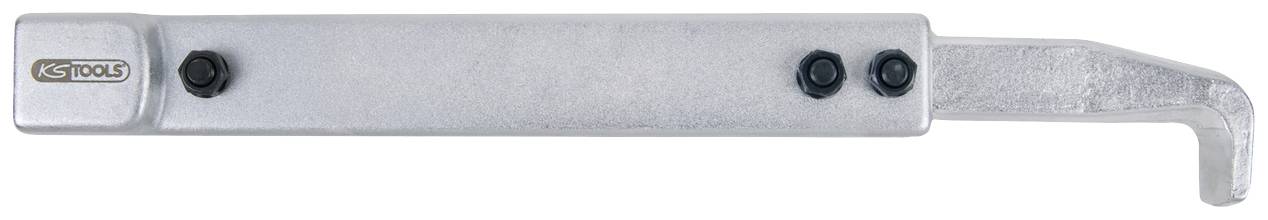 Metallschraubenzieher mit Haken, zwei Schrauben und Logo auf der linken Seite, verwendet für spezielle Montageaufgaben.