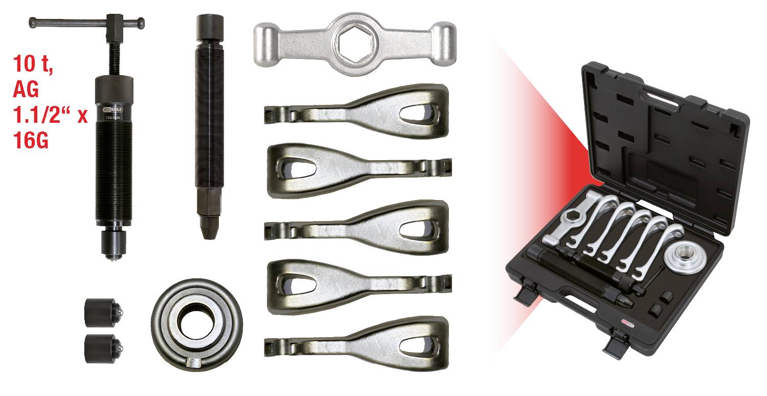 'Satz von Zugwerkzeugen und Zangen in einem schwarzen Koffer. Text auf der linken Seite: 10 t, AG 1.1/2