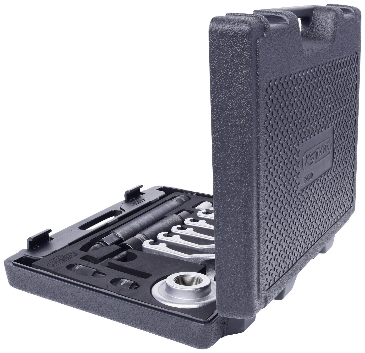 Werkzeugkoffer mit geöffnetem Deckel, enthält mehrere Schraubenschlüssel und Zubehörteile.