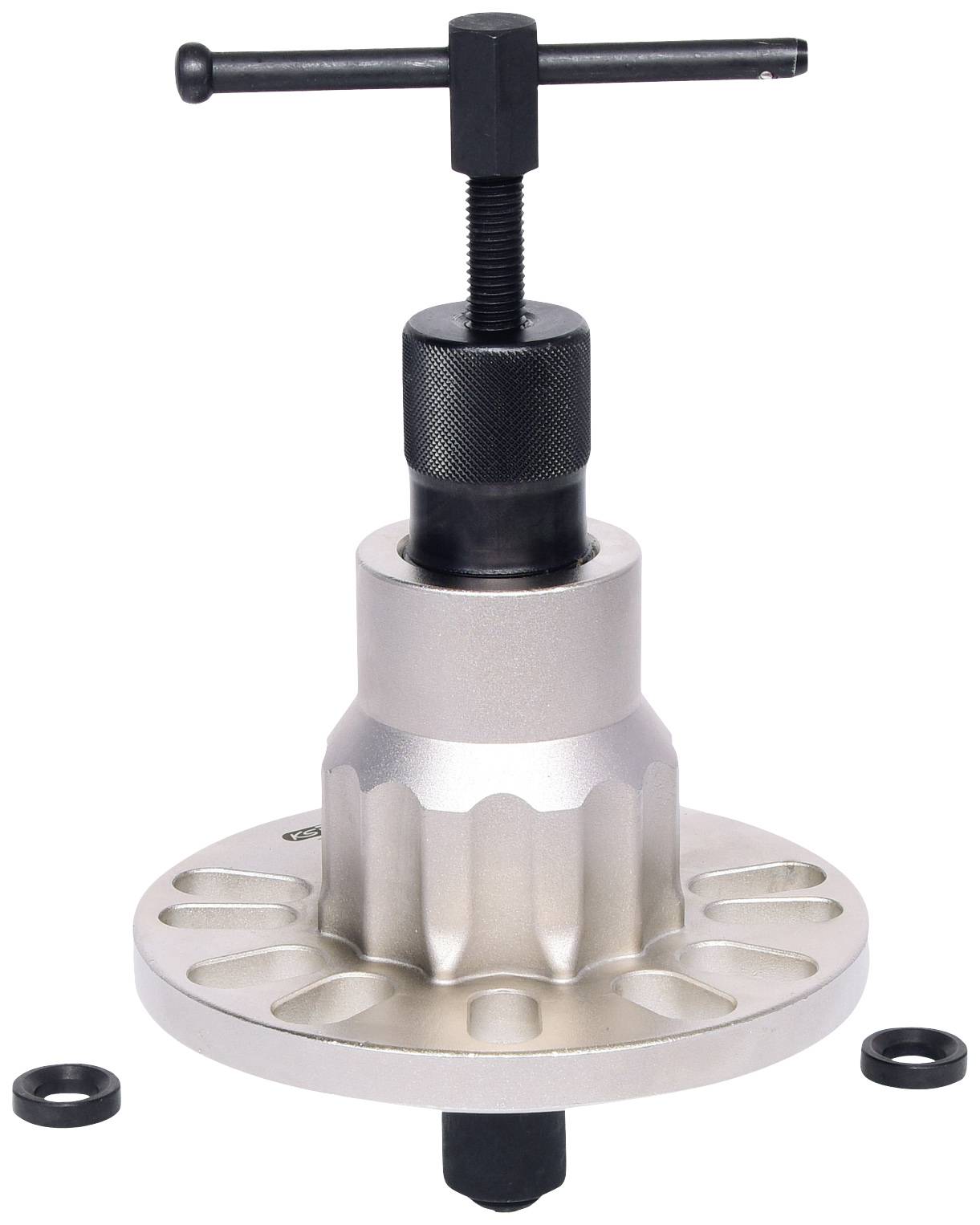 Ein Werkzeug zum Abziehen von Lagern, bestehend aus einer metallischen Halterung mit T-Griff-Schraubmechanismus, zwei kleinen Ringen.