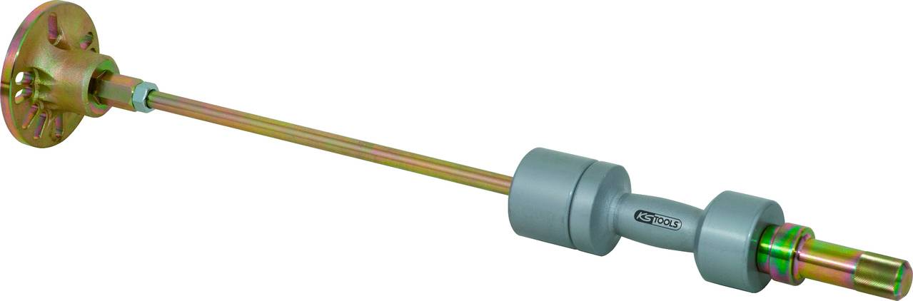 Eine lange, zylindrische Metallstange mit Flansche auf einer Seite. Verwendung in industriellen Anwendungen zur Verbindung von Komponenten.