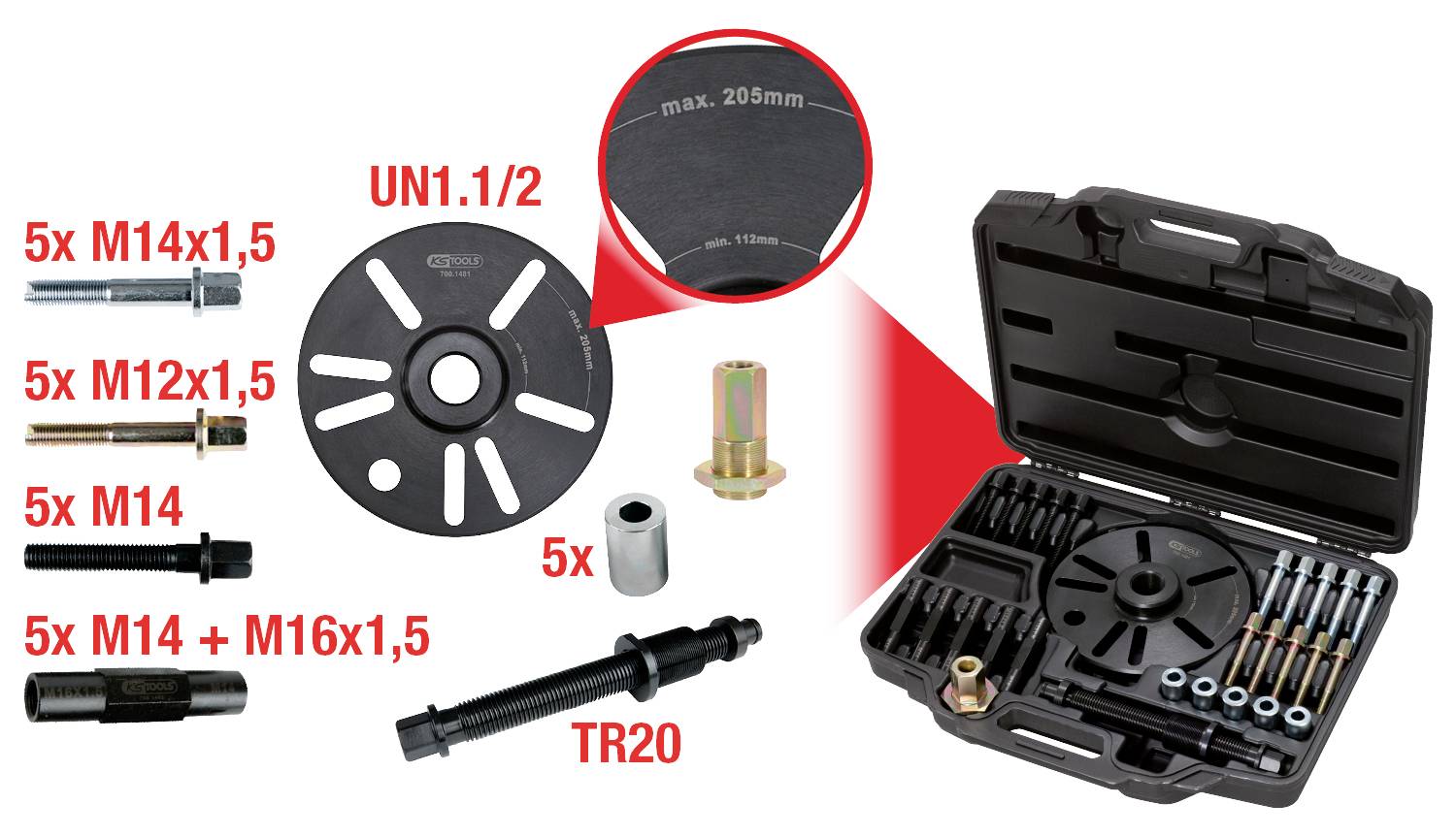 'Set zum Lösen von Radlagern' bestehend aus Radnabenadapter, Bolzen in verschiedenen Größen und Tragetasche.