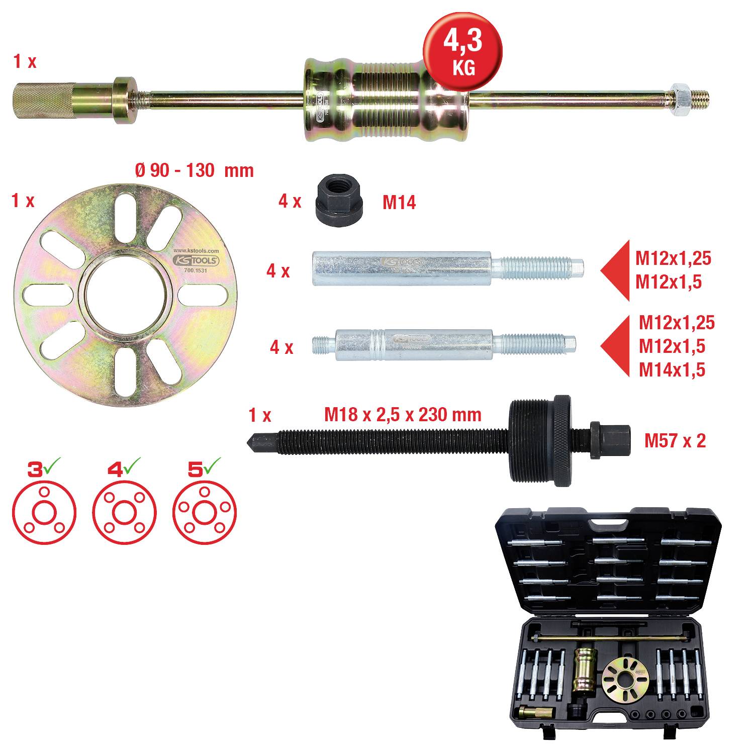 Ein Set zum Abziehen festsitzender Radlager mit gleitendem Schlaghammer, Adaptern und Aufbewahrungskoffer. Gewicht: 4,3 kg.