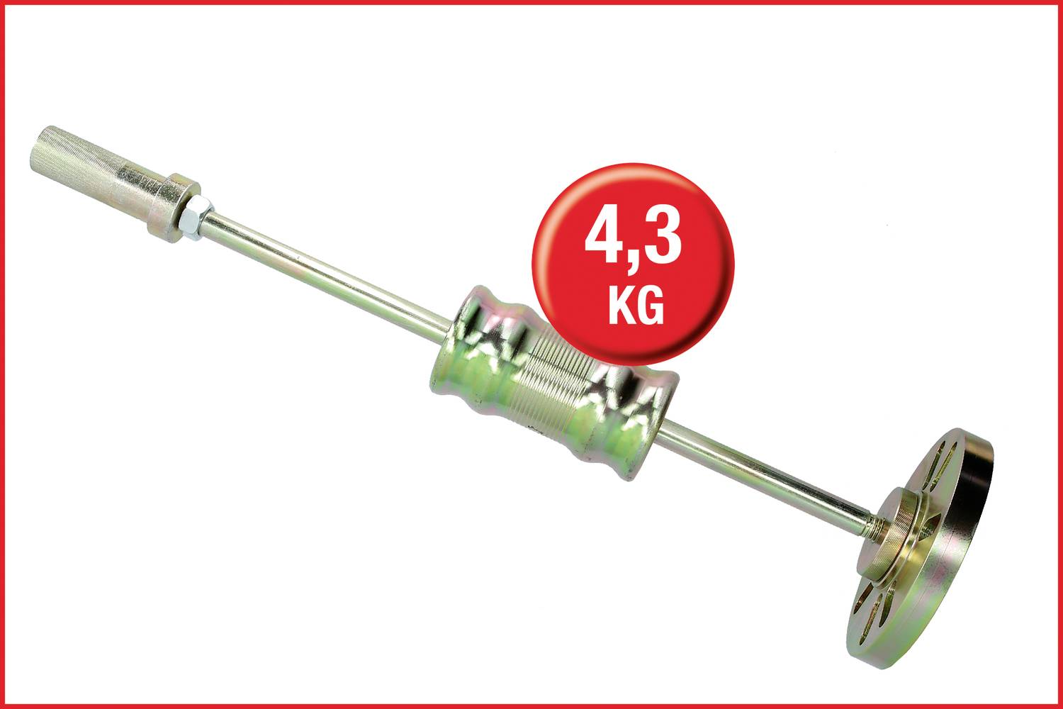 Stange mit Gewichtsscheibe und Aufschrift '4,3 KG' auf rotem Kreis. Geeignet für Fitnessübungen oder Gewichtheben.
