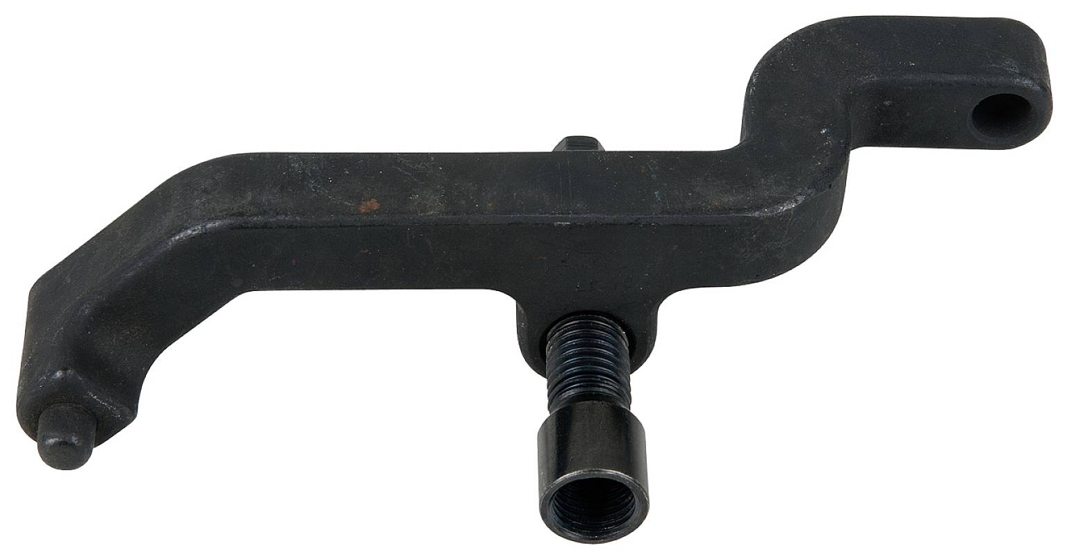 Ein einzelnes, schwarzes Metallteil mit gebogenem Griff und Schraubmechanismus, möglicherweise ein Werkzeug oder Maschinenteil.