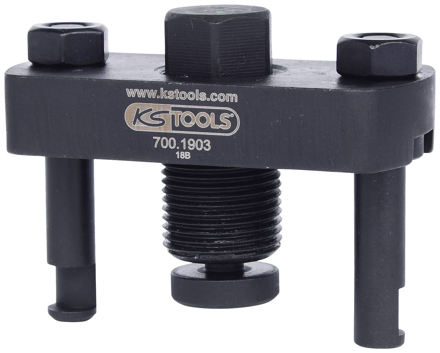 Werkzeugteil von KS Tools mit Schraubmechanismus und zwei Bolzen. Geeignet für spezifische Montagetätigkeiten.
