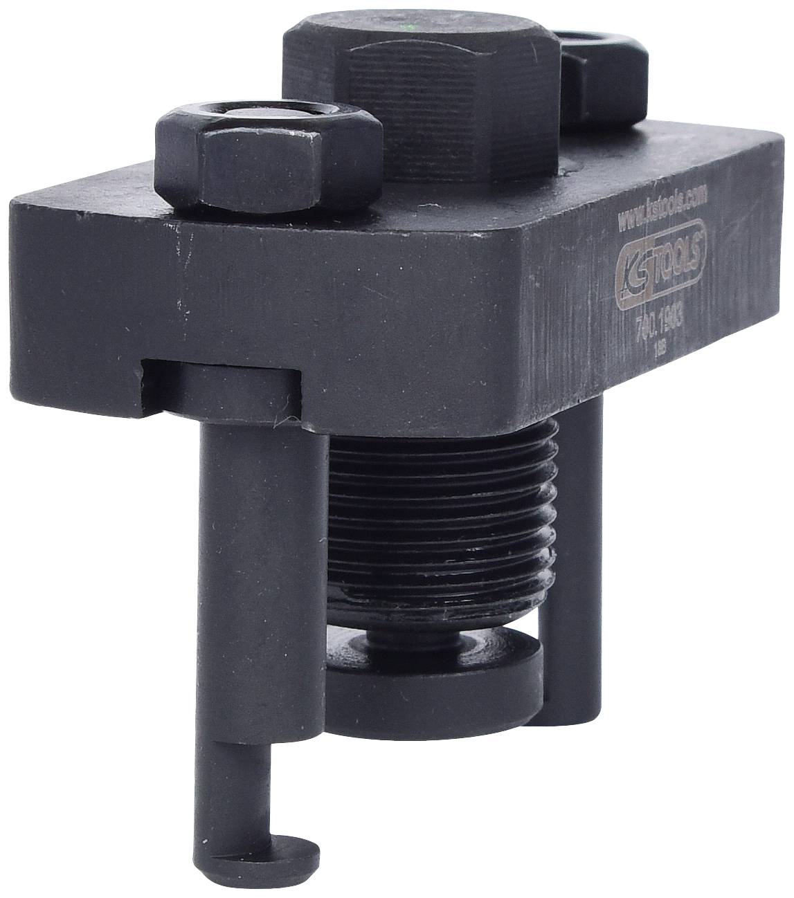 Ein schwarzes, metallisches Abziehwerkzeug mit Schraubmechanismus und zwei Haken, verwendet zur Entfernung von Lagern oder Buchsen.
