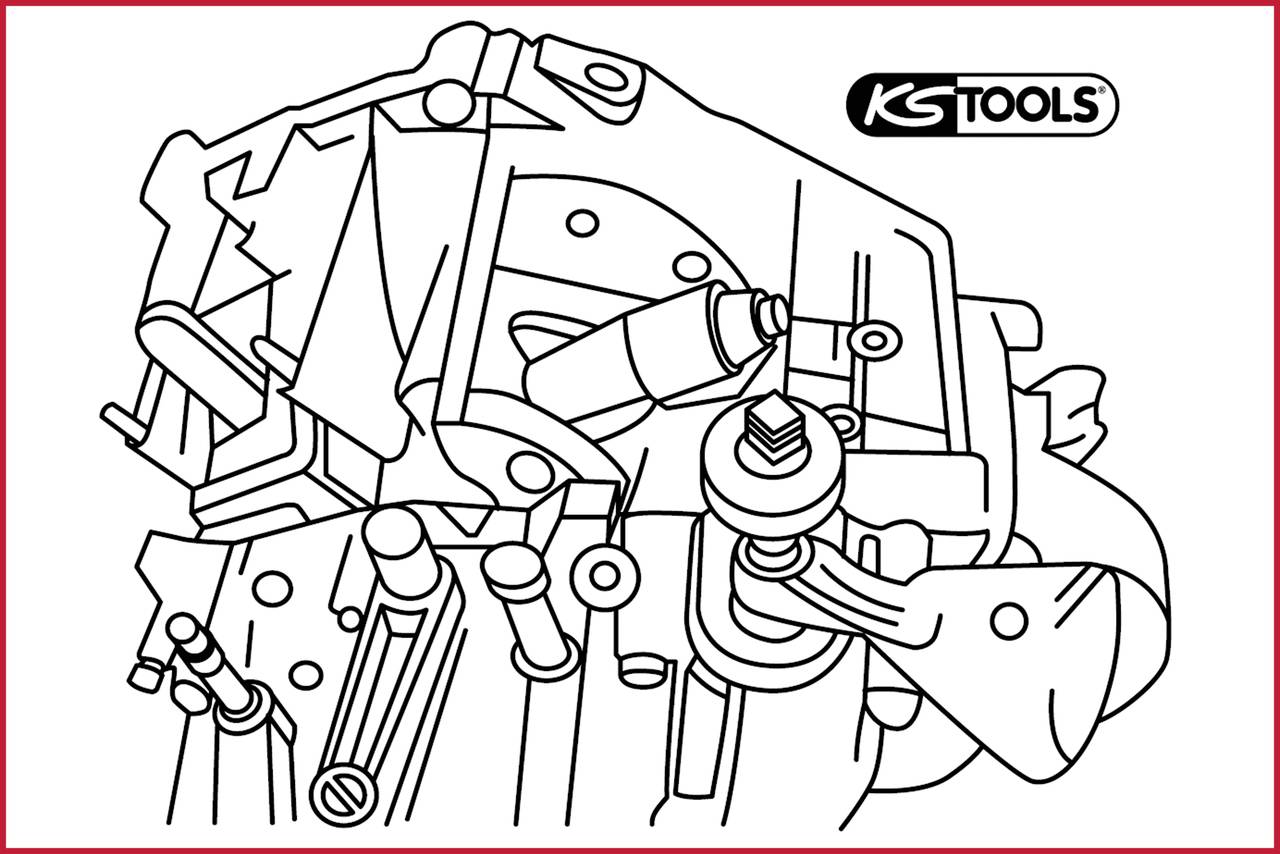 Technische Zeichnung eines Motors mit verschiedenen Bauteilen. Logos von 'KS Tools' oben rechts.