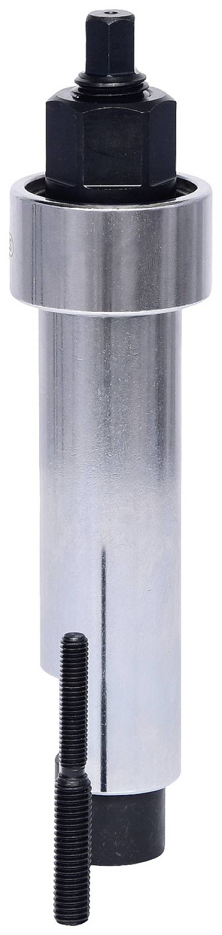 Metallischer Hub mit schwarzer Gewindeschraube, wahrscheinlich Teil eines mechanischen Werkzeugs oder einer Maschine.