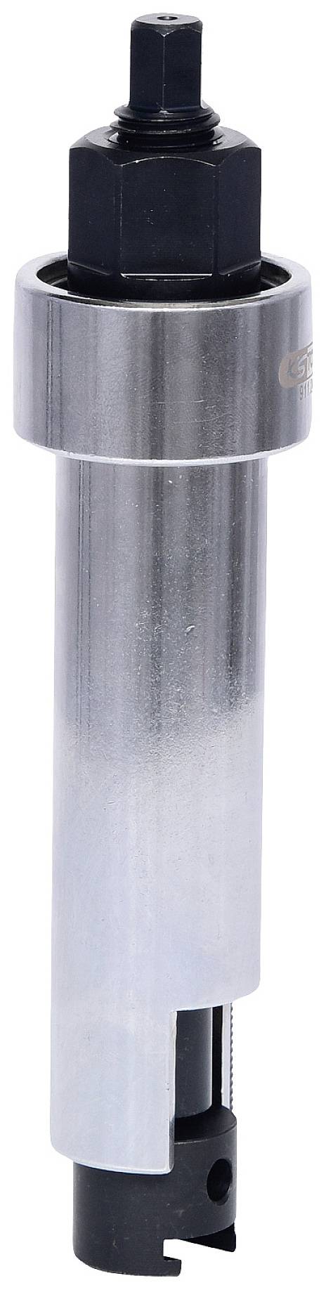 Ein zylindrisches Werkzeug mit metallischem Schaft und schwarzem Aufsatz, wahrscheinlich ein Fräser oder Bohrkopf.